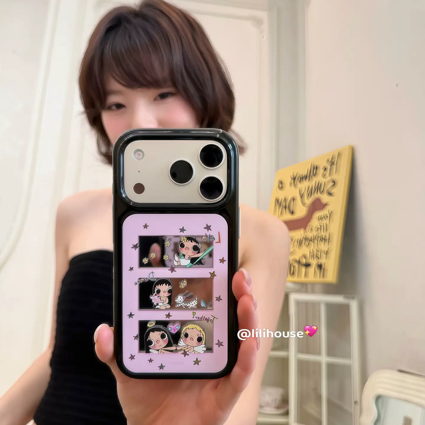 Casing HP Lilihouse Lucu Pink Sakura Cermin Bintang untuk iPhone 17 Pro Max, 16, 15, 14