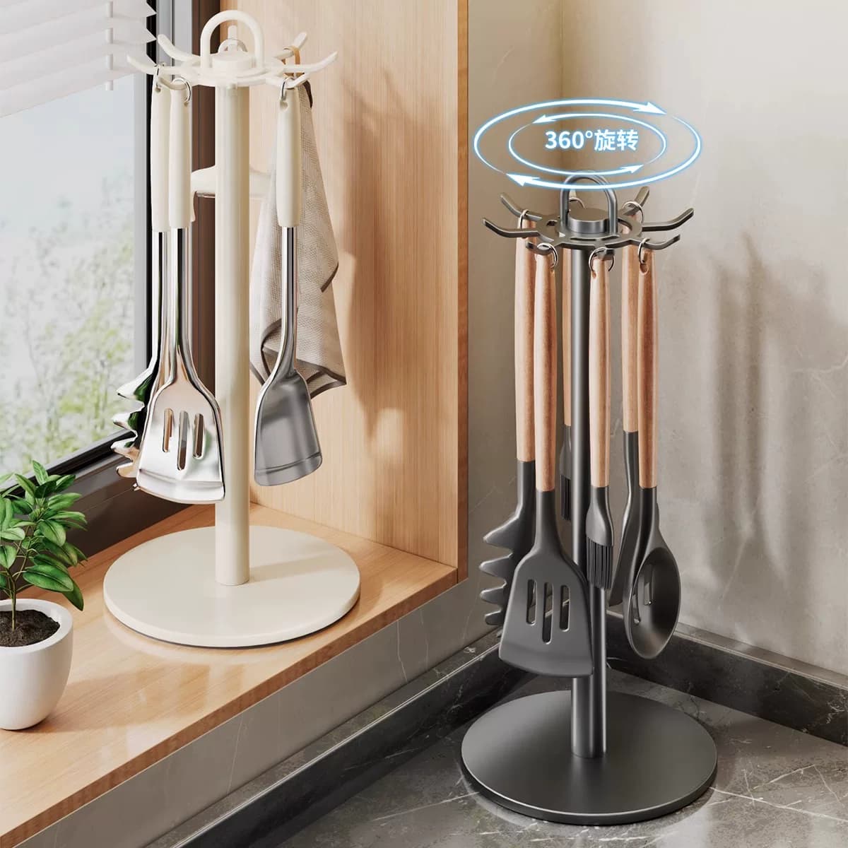 Rak Spatula Dapur Putar 8 Kait Gaya Nordic, Rak Penyimpanan Sendok Meja Dapur
