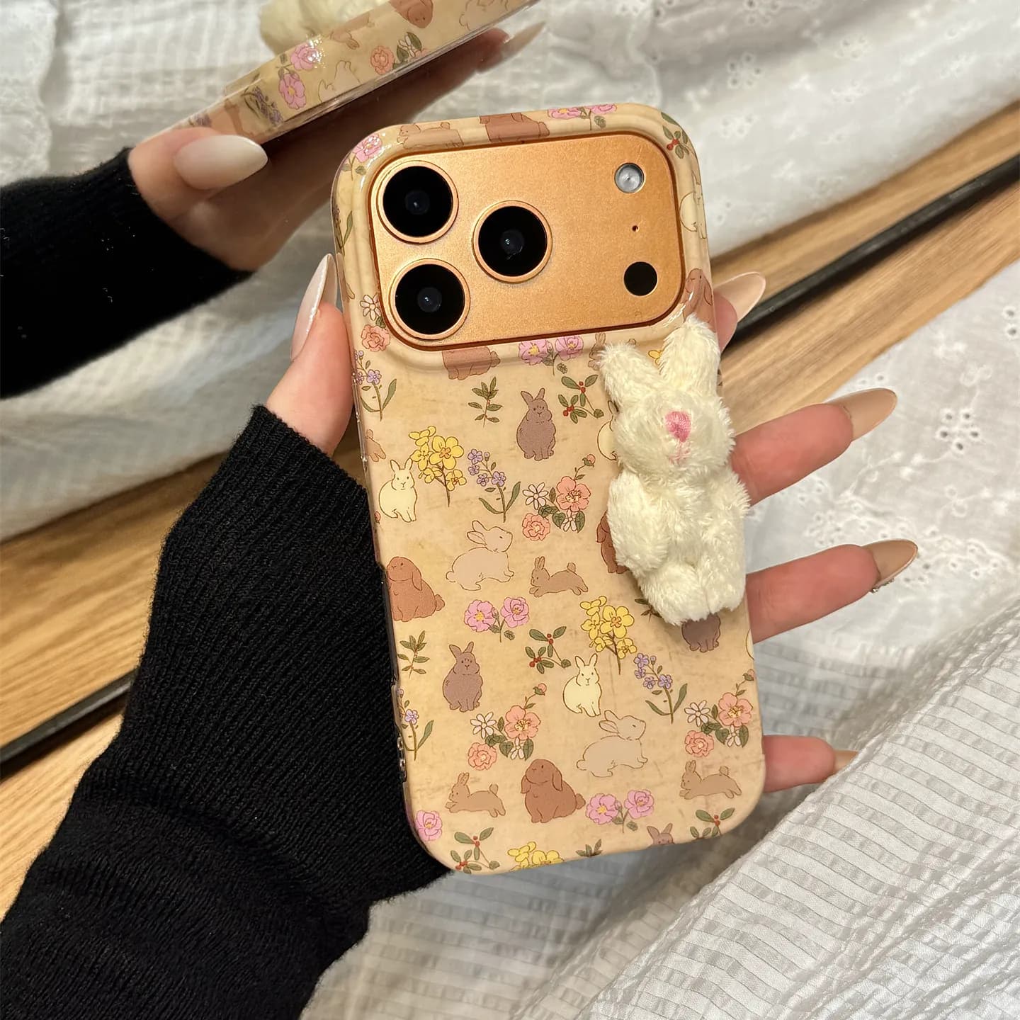 Casing Silikon Motif Kelinci 3D Bunga Lukisan Minyak untuk iPhone 13 hingga iPhone 17
